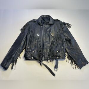 Fringed Black Leather Jacket Size M